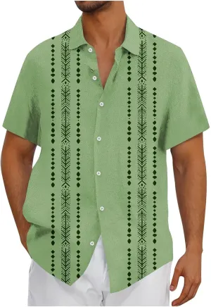 Hawaiian Linen Shirt for Men,Vintage Stripes Print Holiday Bowling Top Short Sleeve Casual Button Down Beach Shirts