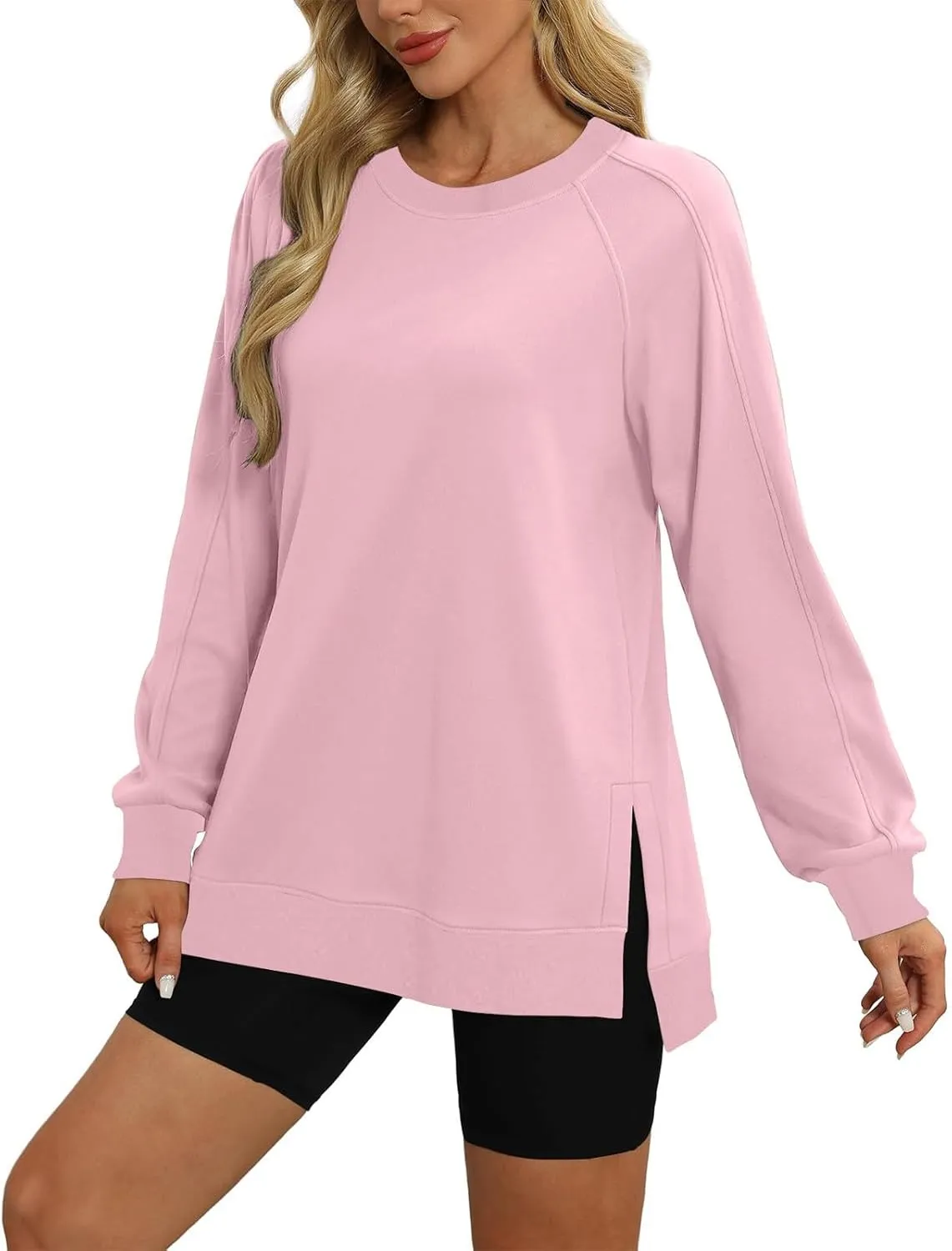 Heevina Side Slit Sweatshirt Oversized Sweatshirt For Women Solid Color Crewneck Long Sleeve Loose Tops Comfy