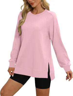 Heevina Side Slit Sweatshirt Oversized Sweatshirt For Women Solid Color Crewneck Long Sleeve Loose Tops Comfy