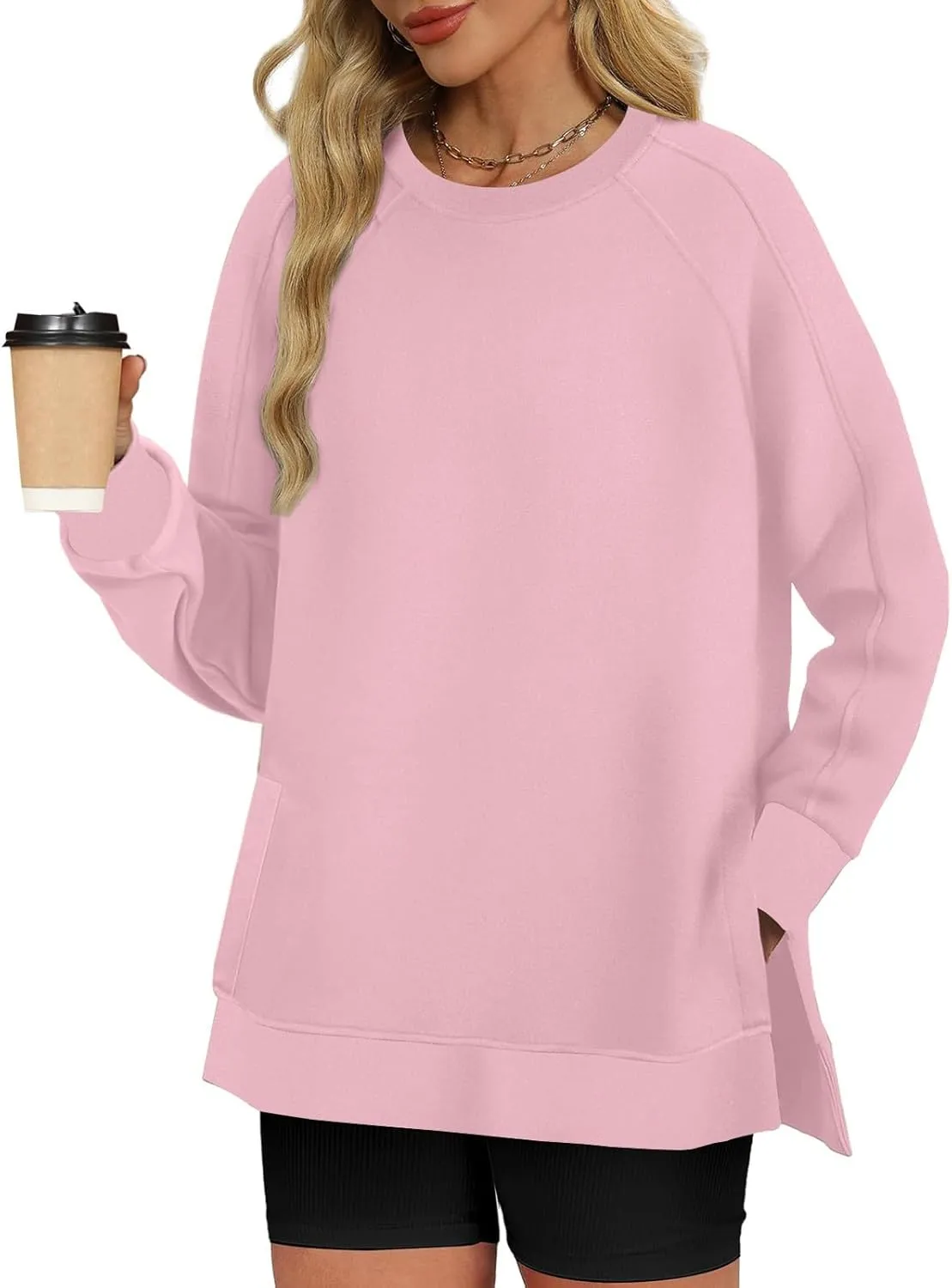 Heevina Side Slit Sweatshirt Oversized Sweatshirt For Women Solid Color Crewneck Long Sleeve Loose Tops Comfy