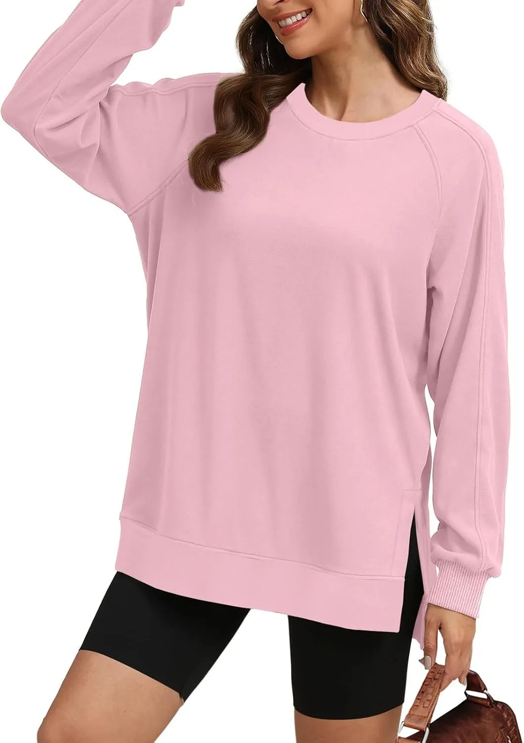 Heevina Side Slit Sweatshirt Oversized Sweatshirt For Women Solid Color Crewneck Long Sleeve Loose Tops Comfy