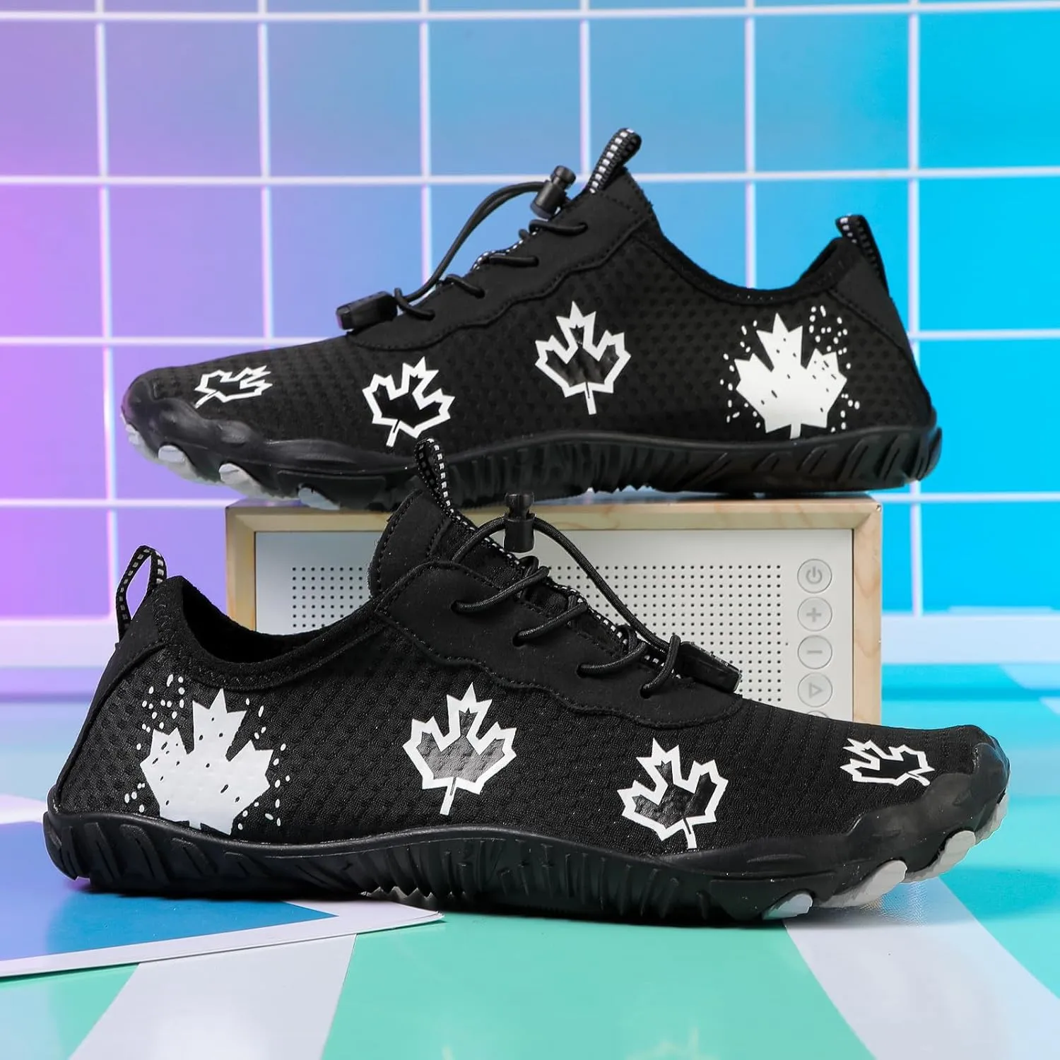 Hike Barefoot Shoes Women Men Non-Slip Athletic Footwear Wide Toe Box Shoes Grounded Footwear Maple Leaf Print Running Swimming Sneaker Quick Dry Hiking Shoe Lightweight Breathable Shoe