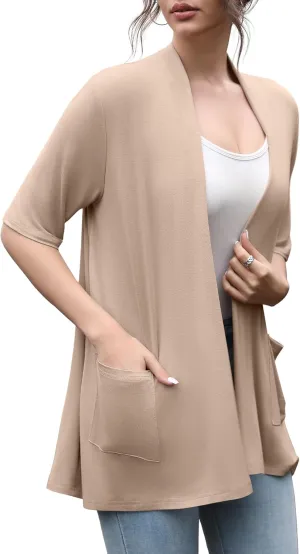 HIYIYEZI Women's Short Sleeve Open Front Cardigan Casual Loose Lightweight Cardigans with Pockets