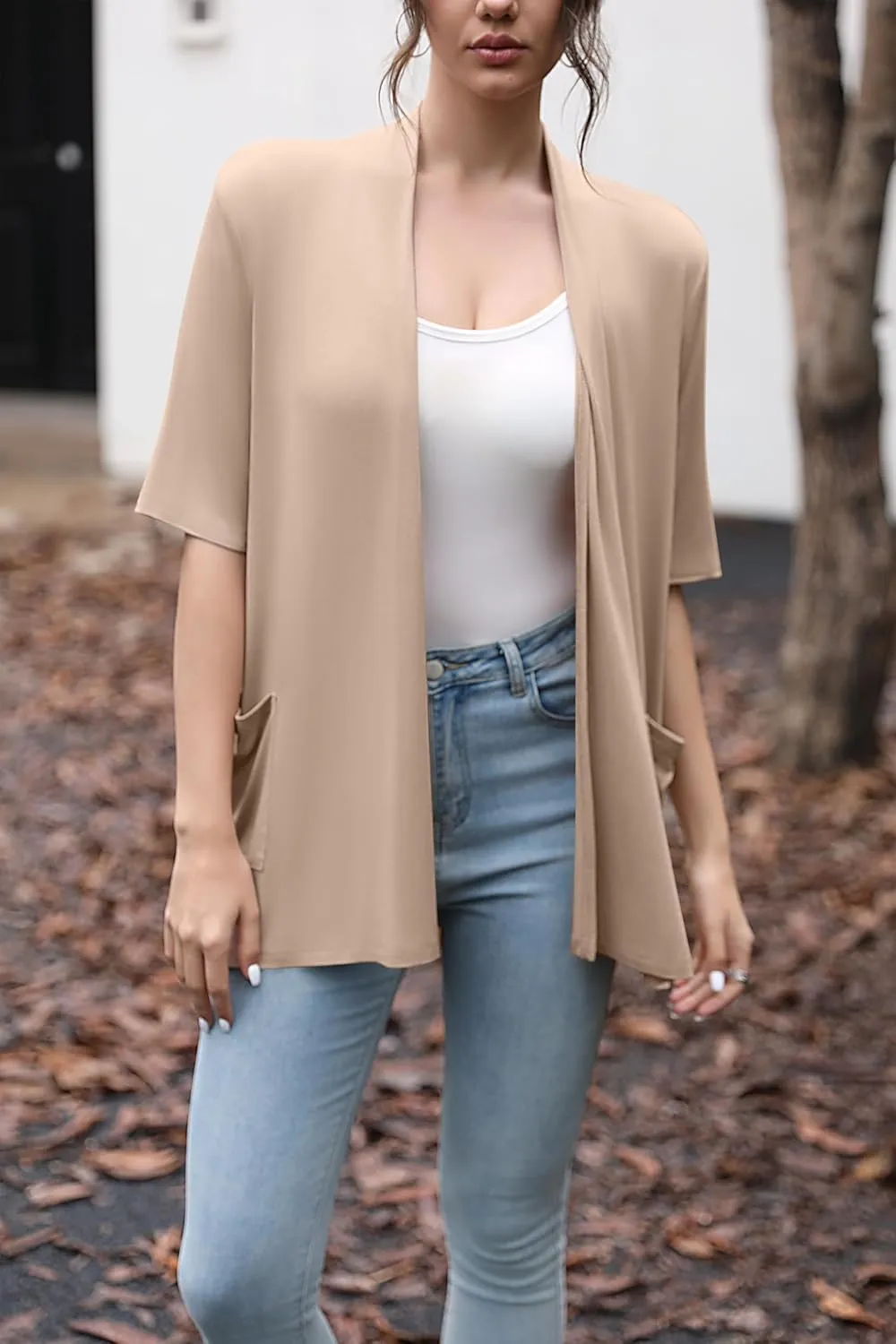 HIYIYEZI Women's Short Sleeve Open Front Cardigan Casual Loose Lightweight Cardigans with Pockets
