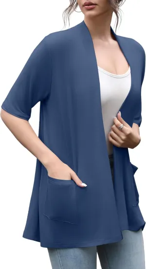 HIYIYEZI Women's Short Sleeve Open Front Cardigan Casual Loose Lightweight Cardigans with Pockets