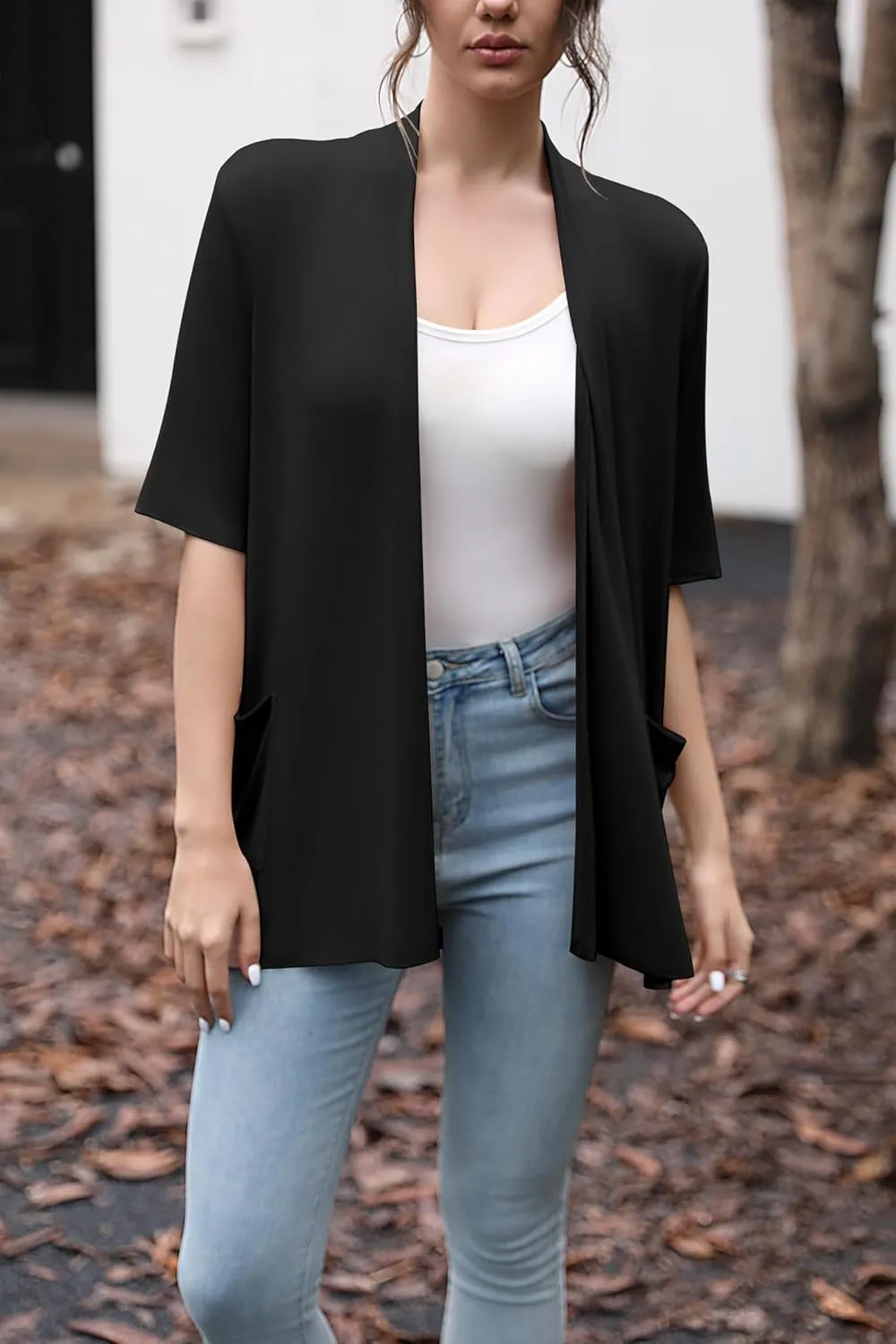 HIYIYEZI Women's Short Sleeve Open Front Cardigan Casual Loose Lightweight Cardigans with Pockets