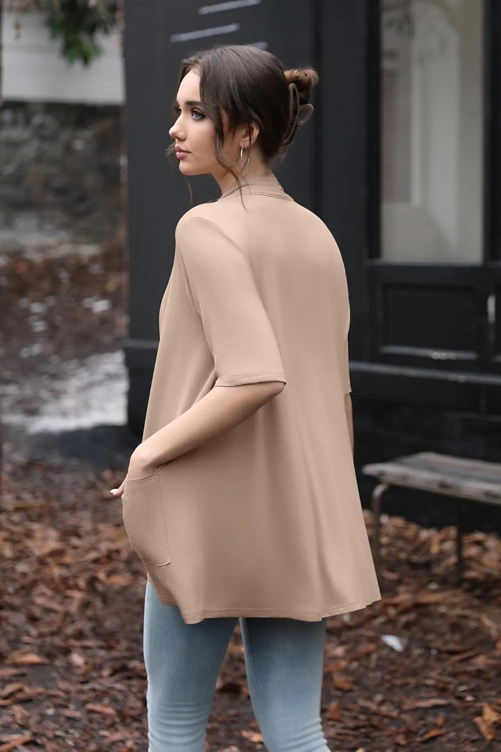 HIYIYEZI Women's Short Sleeve Open Front Cardigan Casual Loose Lightweight Cardigans with Pockets