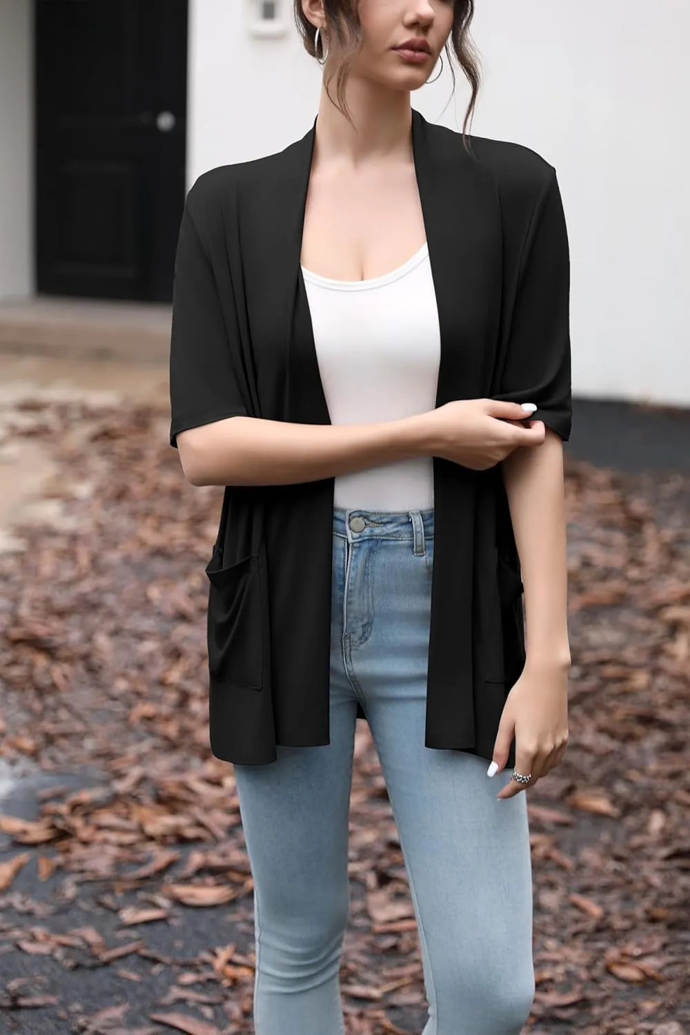 HIYIYEZI Women's Short Sleeve Open Front Cardigan Casual Loose Lightweight Cardigans with Pockets
