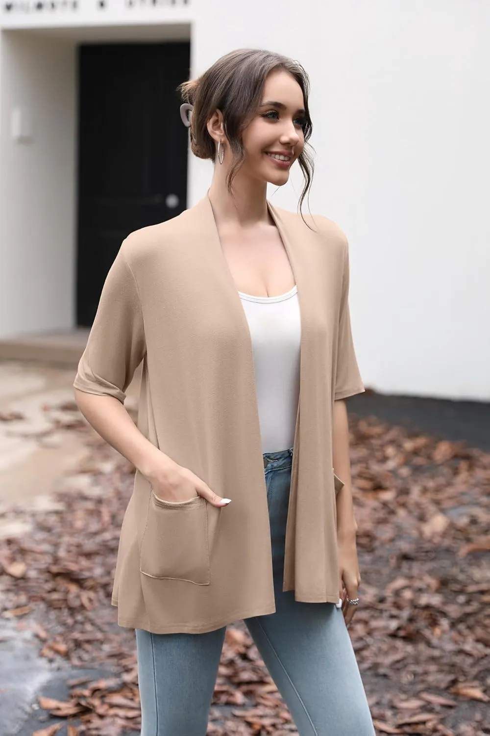 HIYIYEZI Women's Short Sleeve Open Front Cardigan Casual Loose Lightweight Cardigans with Pockets