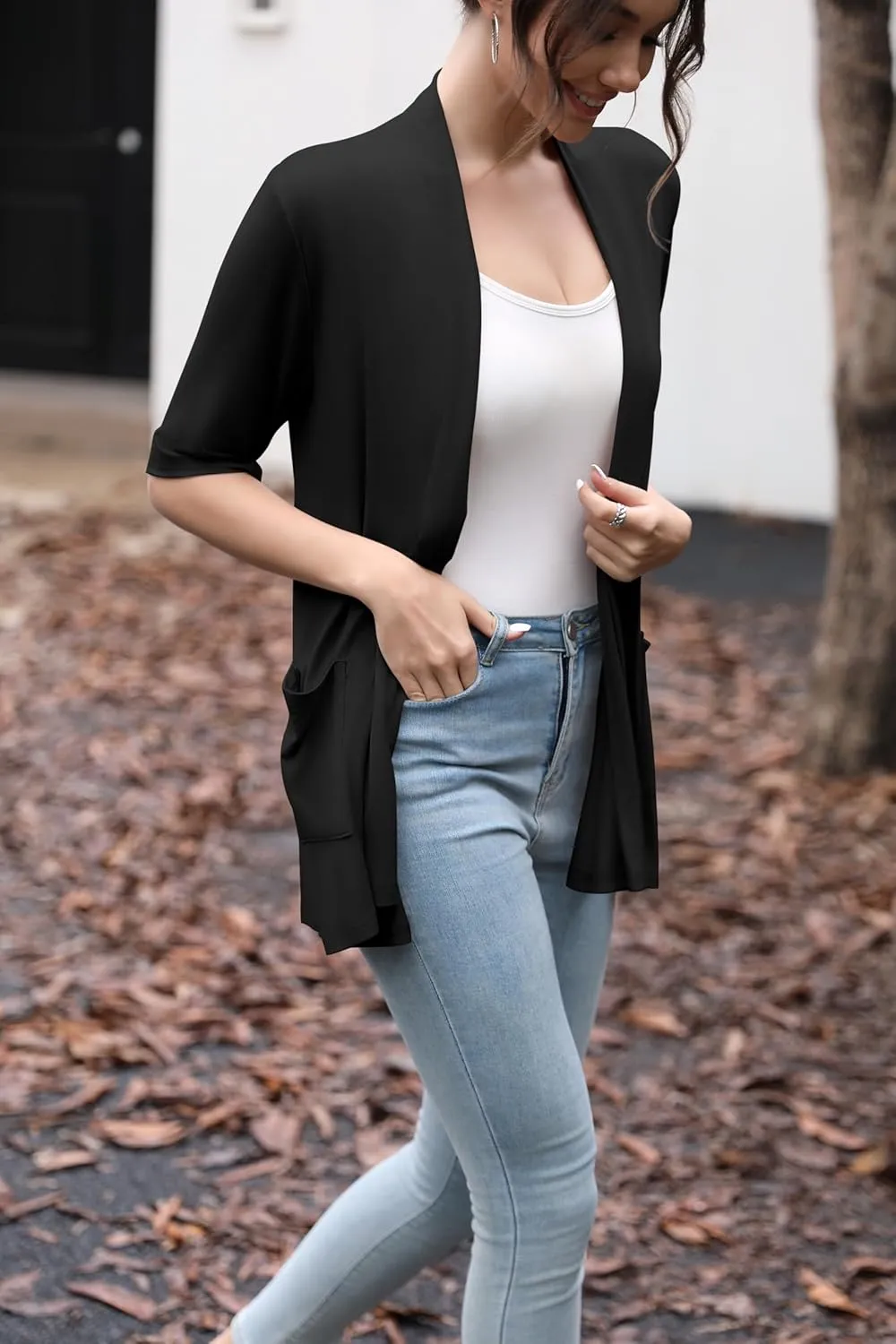HIYIYEZI Women's Short Sleeve Open Front Cardigan Casual Loose Lightweight Cardigans with Pockets