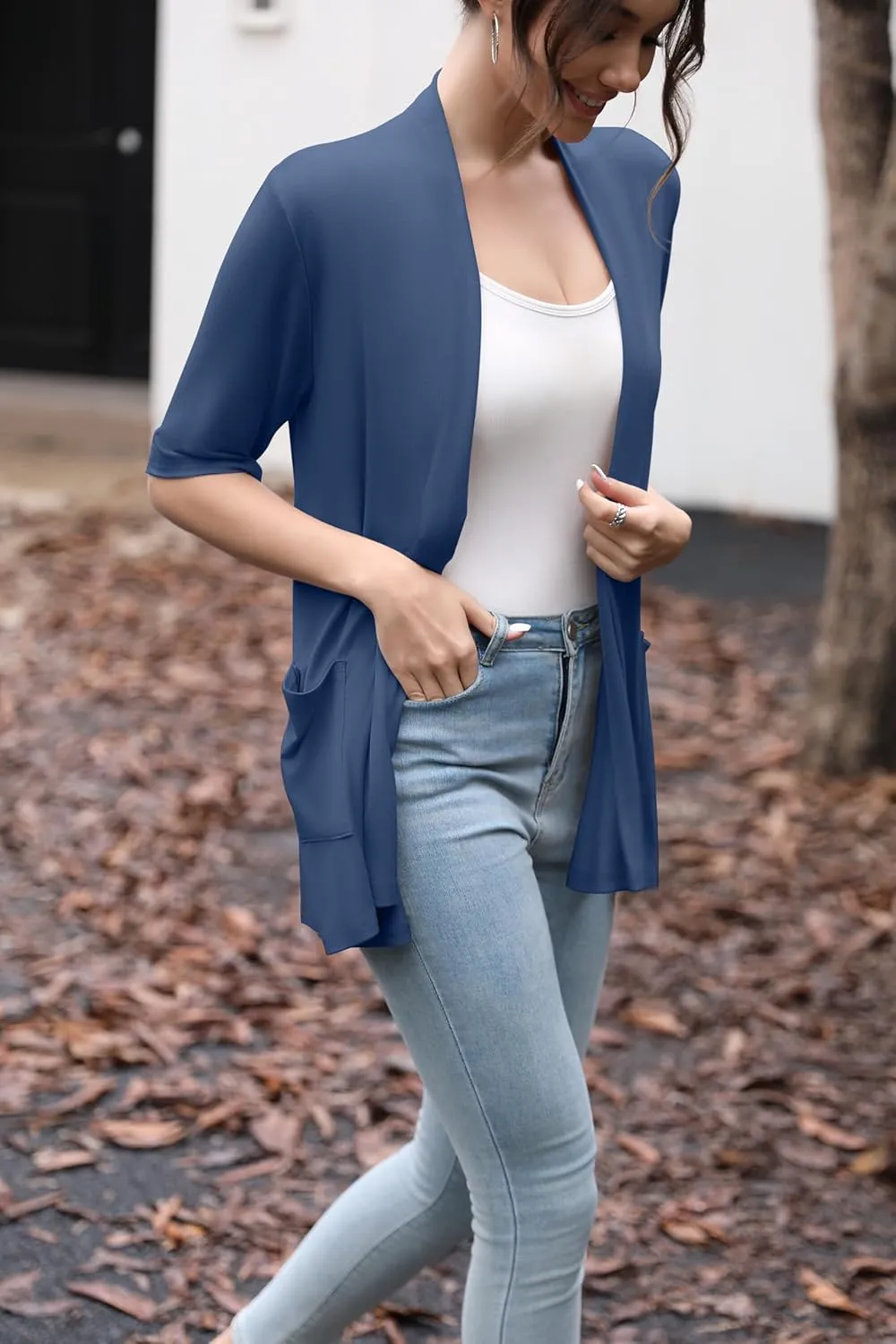 HIYIYEZI Women's Short Sleeve Open Front Cardigan Casual Loose Lightweight Cardigans with Pockets