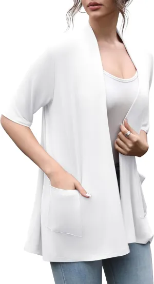 HIYIYEZI Women's Short Sleeve Open Front Cardigan Casual Loose Lightweight Cardigans with Pockets