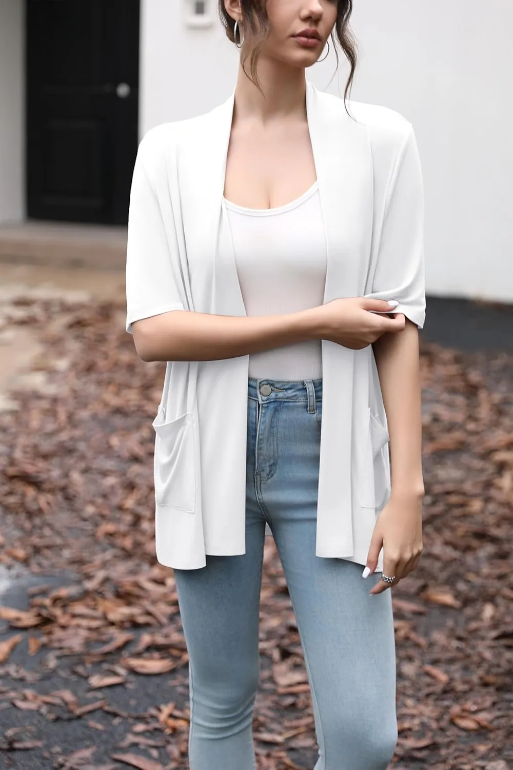 HIYIYEZI Women's Short Sleeve Open Front Cardigan Casual Loose Lightweight Cardigans with Pockets