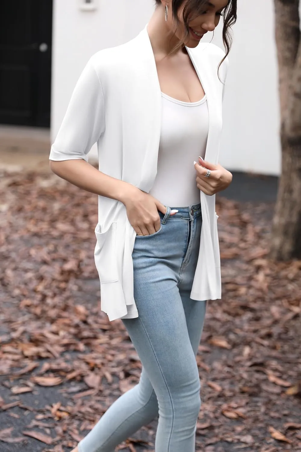 HIYIYEZI Women's Short Sleeve Open Front Cardigan Casual Loose Lightweight Cardigans with Pockets