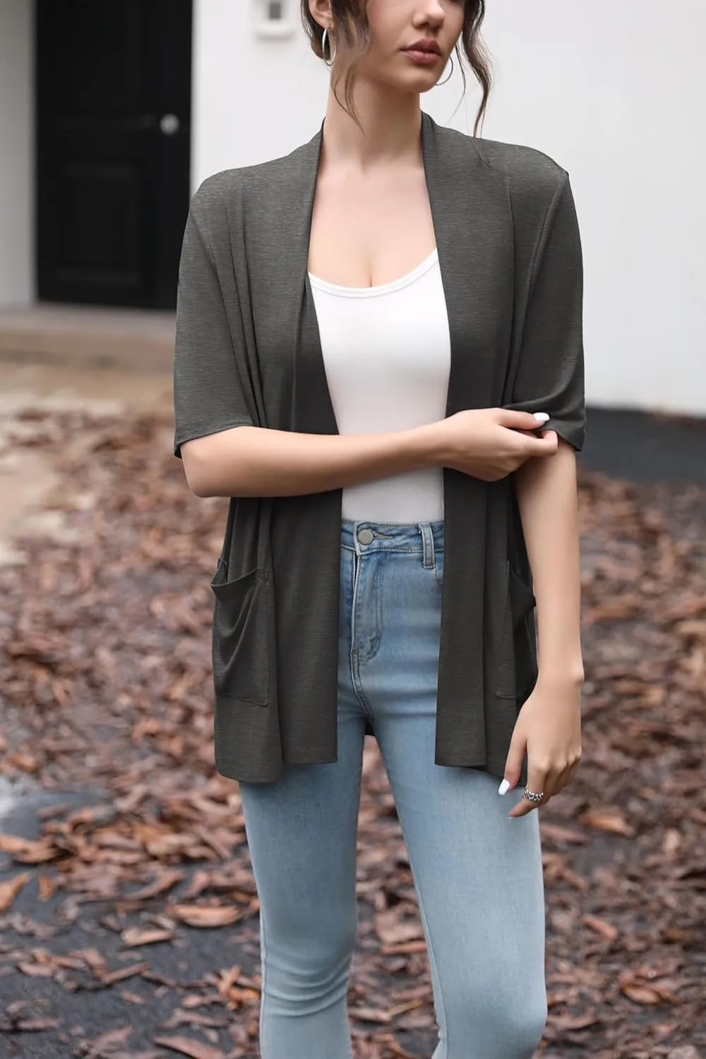 HIYIYEZI Women's Short Sleeve Open Front Cardigan Casual Loose Lightweight Cardigans with Pockets