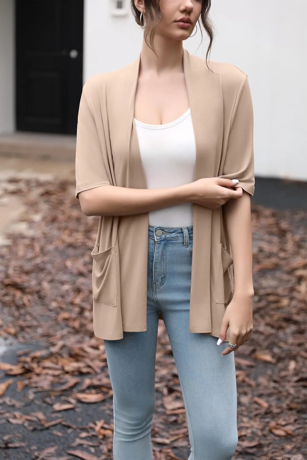 HIYIYEZI Women's Short Sleeve Open Front Cardigan Casual Loose Lightweight Cardigans with Pockets