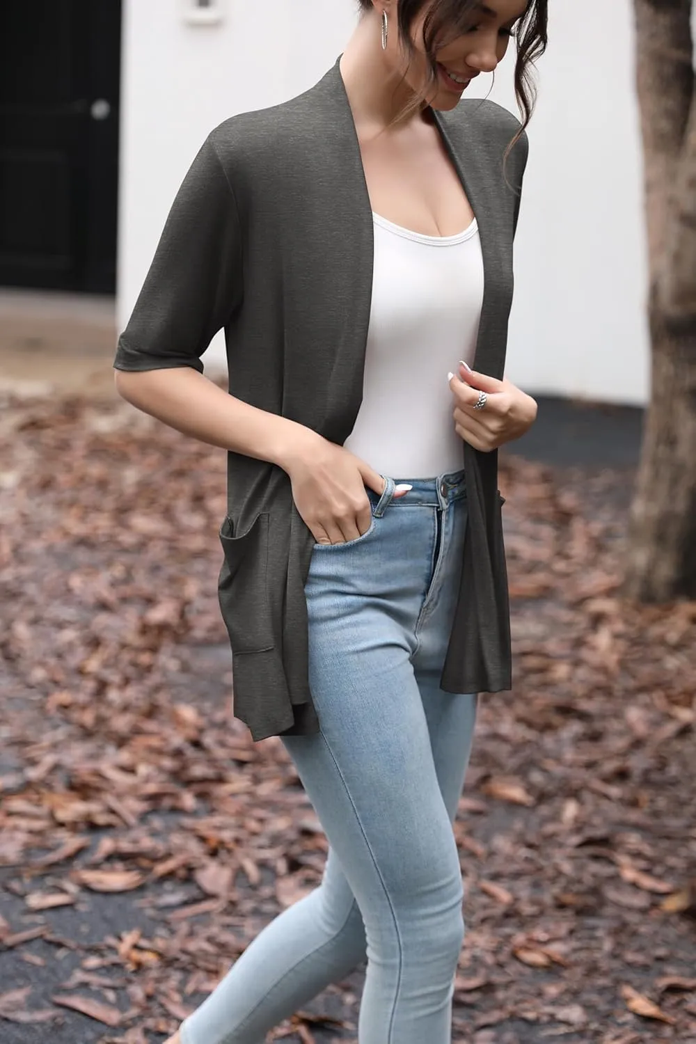 HIYIYEZI Women's Short Sleeve Open Front Cardigan Casual Loose Lightweight Cardigans with Pockets