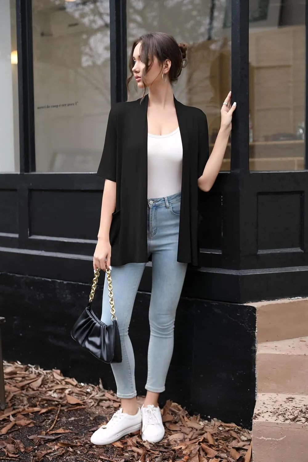 HIYIYEZI Women's Short Sleeve Open Front Cardigan Casual Loose Lightweight Cardigans with Pockets
