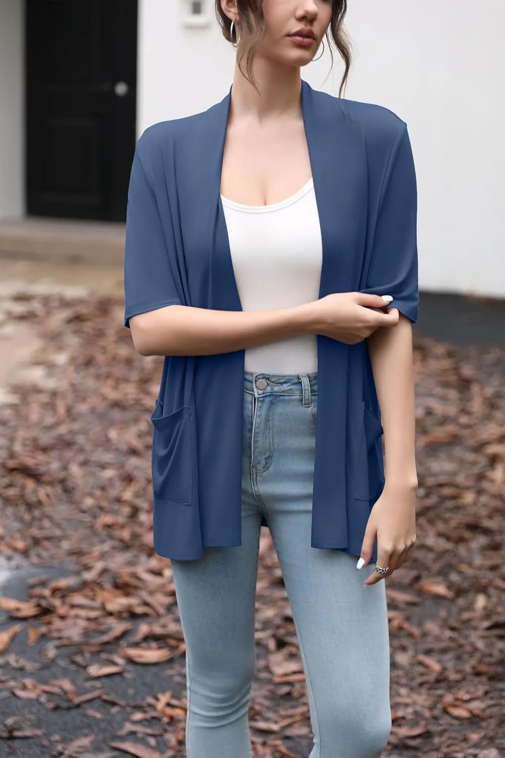HIYIYEZI Women's Short Sleeve Open Front Cardigan Casual Loose Lightweight Cardigans with Pockets