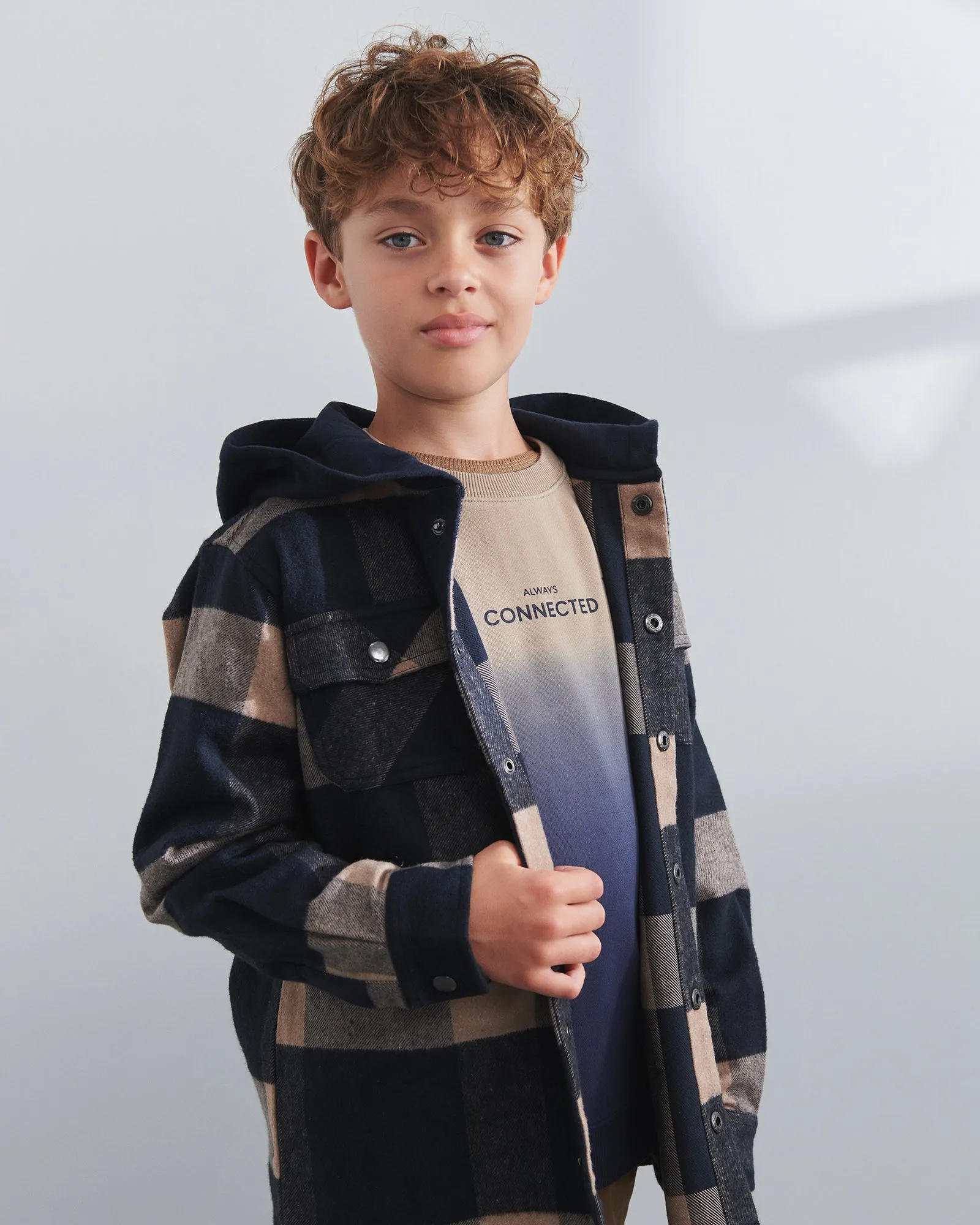 Hooded Plaid Shacket - Tween - Dark Beige/Grey Melange