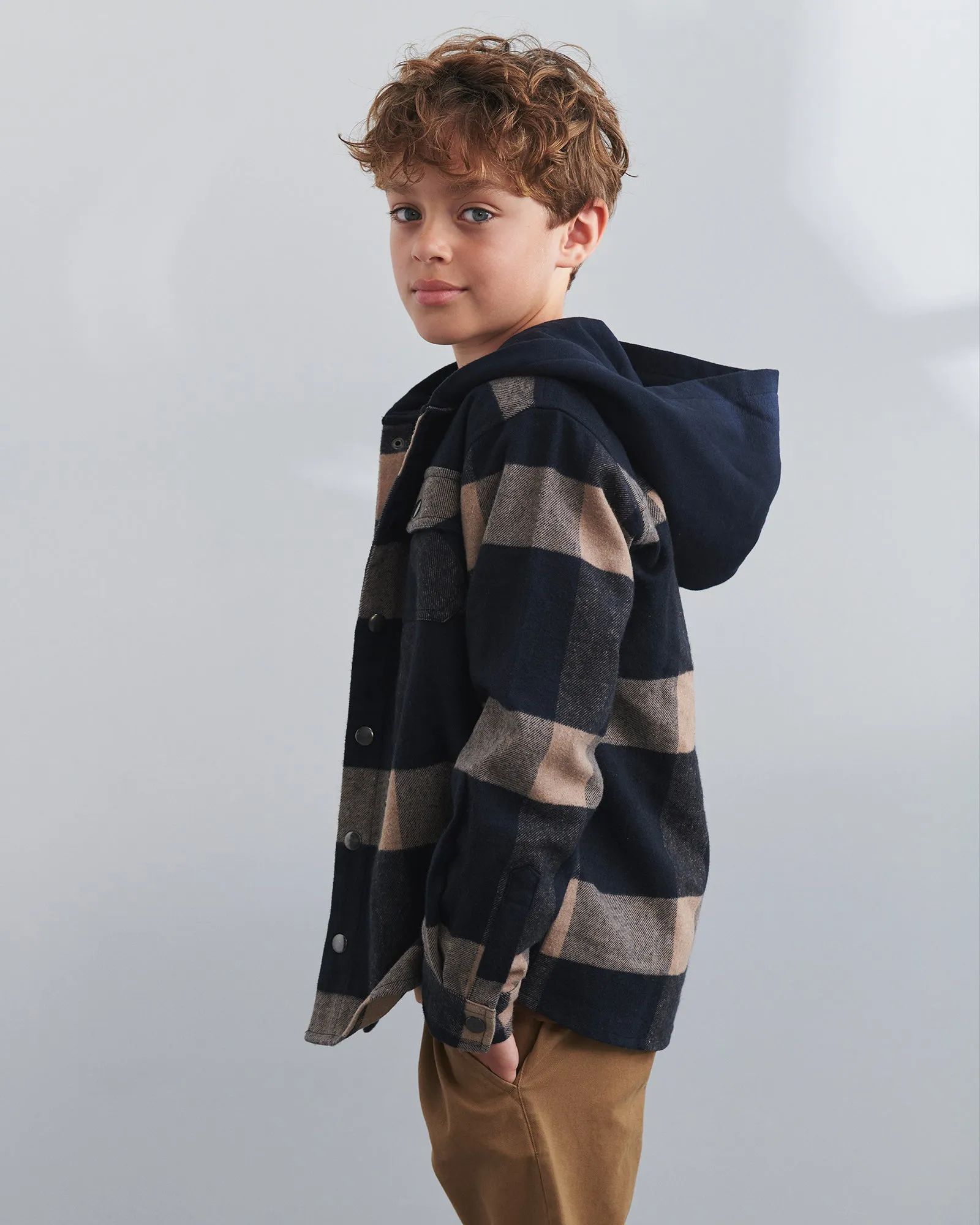 Hooded Plaid Shacket - Tween - Dark Beige/Grey Melange