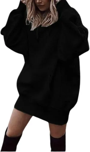 Hoodie Dress for Women 2024 Fall Long Sleeve Fleece Pullover Sweatshirts Oversized Hoodies with Kangaroo Pocket