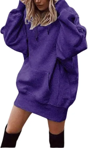 Hoodie Dress for Women 2024 Fall Long Sleeve Fleece Pullover Sweatshirts Oversized Hoodies with Kangaroo Pocket