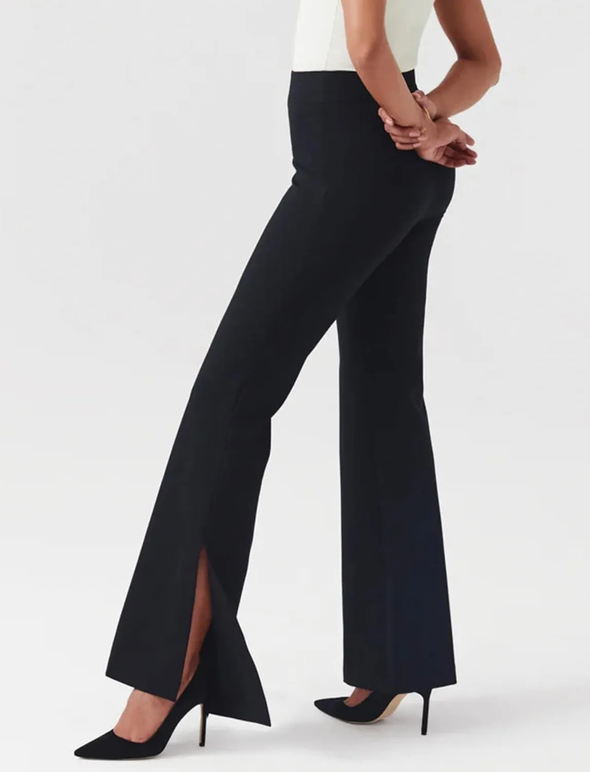 Houmous 31'' Inseam Women High Waist Split Hem Flare Work Pants with Pockets Stretchy Pull On Long Pant Casual Slack