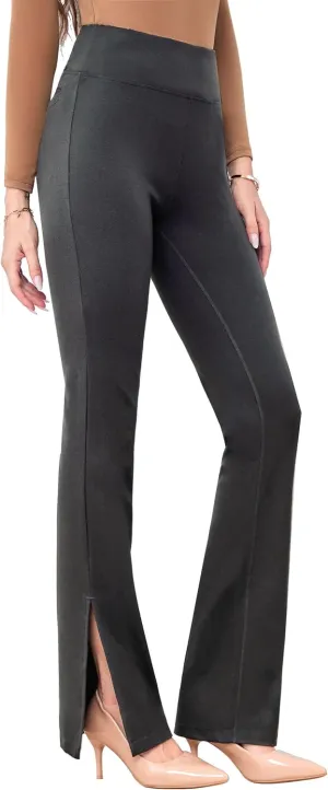 Houmous 31'' Inseam Women High Waist Split Hem Flare Work Pants with Pockets Stretchy Pull On Long Pant Casual Slack