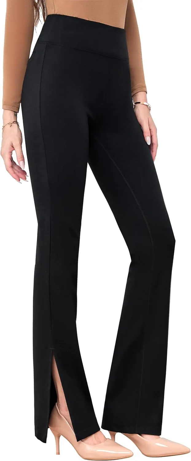 Houmous 31'' Inseam Women High Waist Split Hem Flare Work Pants with Pockets Stretchy Pull On Long Pant Casual Slack
