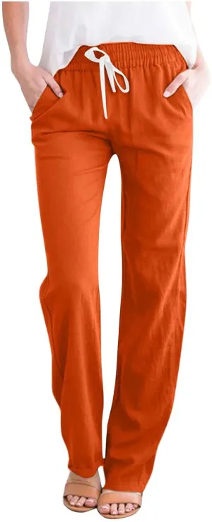 JOAU Women's Casual Elastic Waist Pants Drawstring Lightweight Office Work Pants Travel Cotton Linen Trouser with Pockets