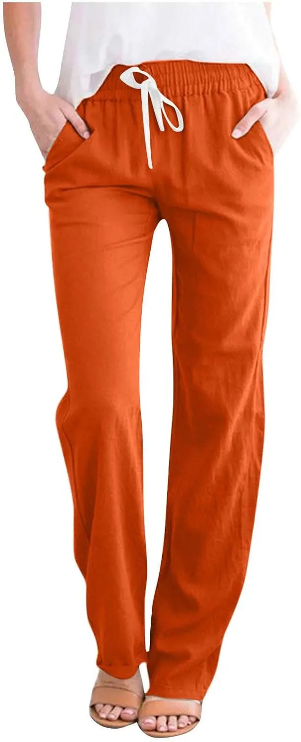JOAU Women's Casual Elastic Waist Pants Drawstring Lightweight Office Work Pants Travel Cotton Linen Trouser with Pockets