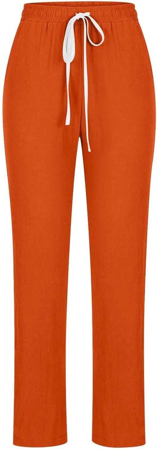 JOAU Women's Casual Elastic Waist Pants Drawstring Lightweight Office Work Pants Travel Cotton Linen Trouser with Pockets