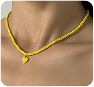 Jumwrit Colourful Beaded Choker Necklaces Handmade Heart Pendant Necklaces Cute Necklaces for WomenYELLOW