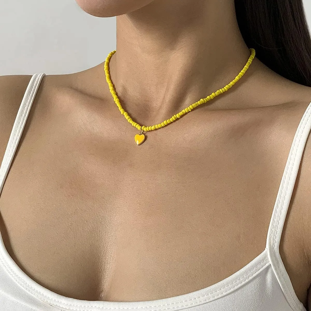 Jumwrit Colourful Beaded Choker Necklaces Handmade Heart Pendant Necklaces Cute Necklaces for WomenYELLOW
