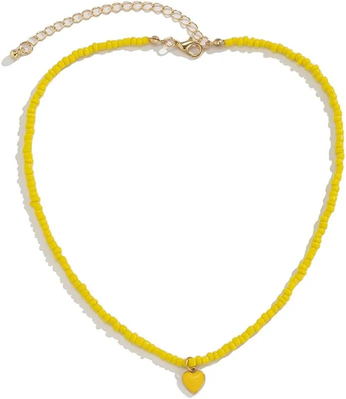 Jumwrit Colourful Beaded Choker Necklaces Handmade Heart Pendant Necklaces Cute Necklaces for WomenYELLOW