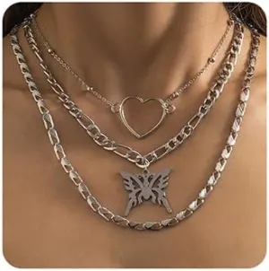 Jumwrit Delicate Layered Adjustable Necklaces Chain Choker Necklaces Butterfly Pendant Heart Charm Necklaces for Women