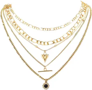 Jumwrit Fashion Layered Paperclip Link Golden Chain Necklaces Heart Pendant Necklaces Dainty Tube Necklaces Black Rhinestone Necklaces for Women