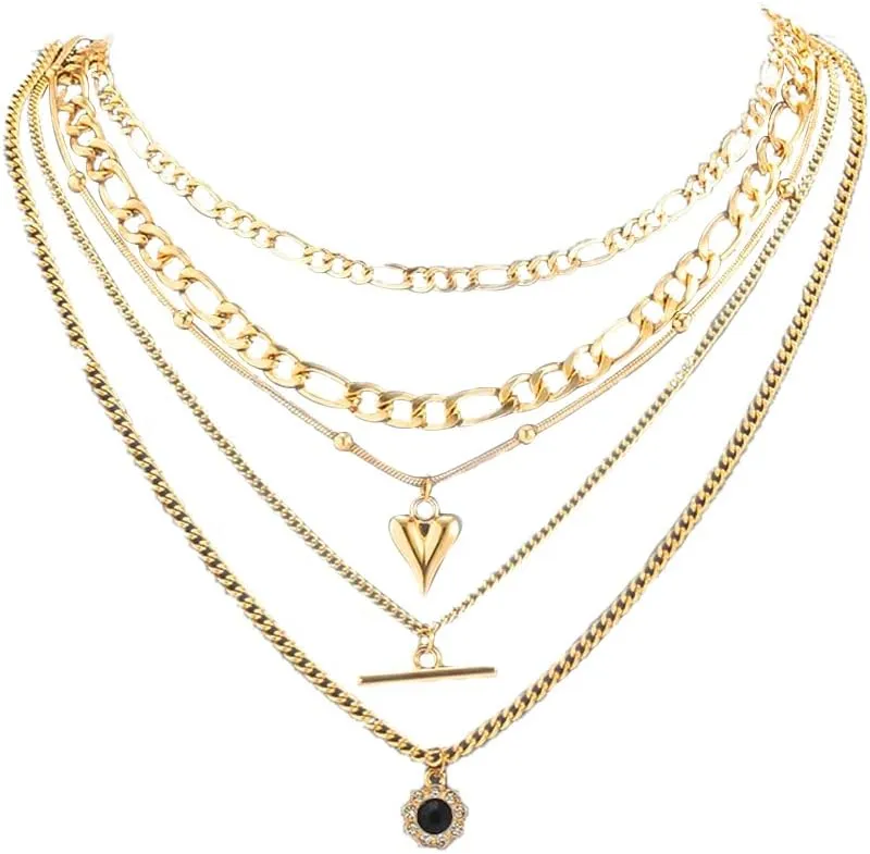 Jumwrit Fashion Layered Paperclip Link Golden Chain Necklaces Heart Pendant Necklaces Dainty Tube Necklaces Black Rhinestone Necklaces for Women