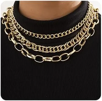 Jumwrit Punk Layered Necklaces Chunky Cuban Chain Necklaces Statement Cable Chain Necklaces Charm Choker Necklaces Accessories for WomenGold