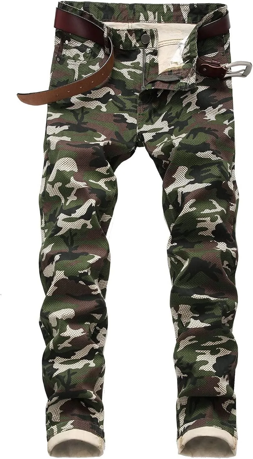 Kaxiya2021 Men's Camo Stretch Pants Military Distressed Straight Moto Jeans Outdoor Apparel Skinny Slim Fit Hiking Pants