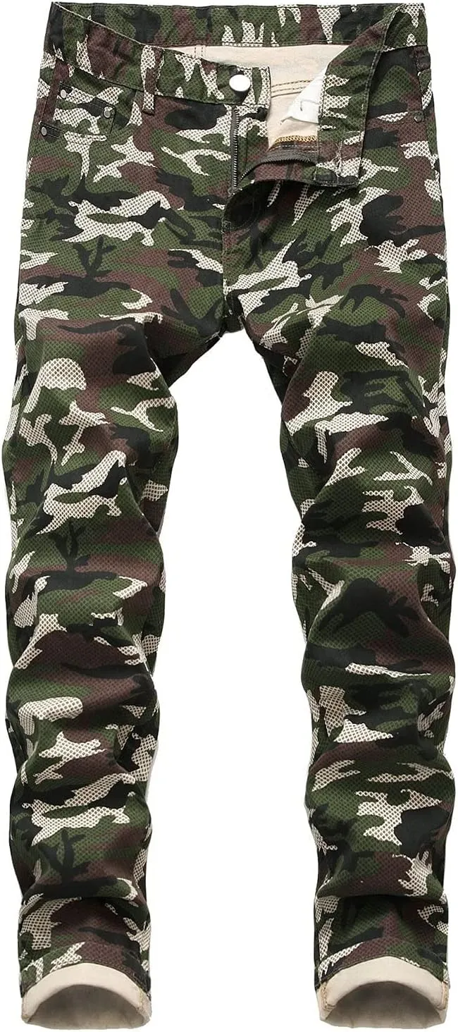 Kaxiya2021 Men's Camo Stretch Pants Military Distressed Straight Moto Jeans Outdoor Apparel Skinny Slim Fit Hiking Pants