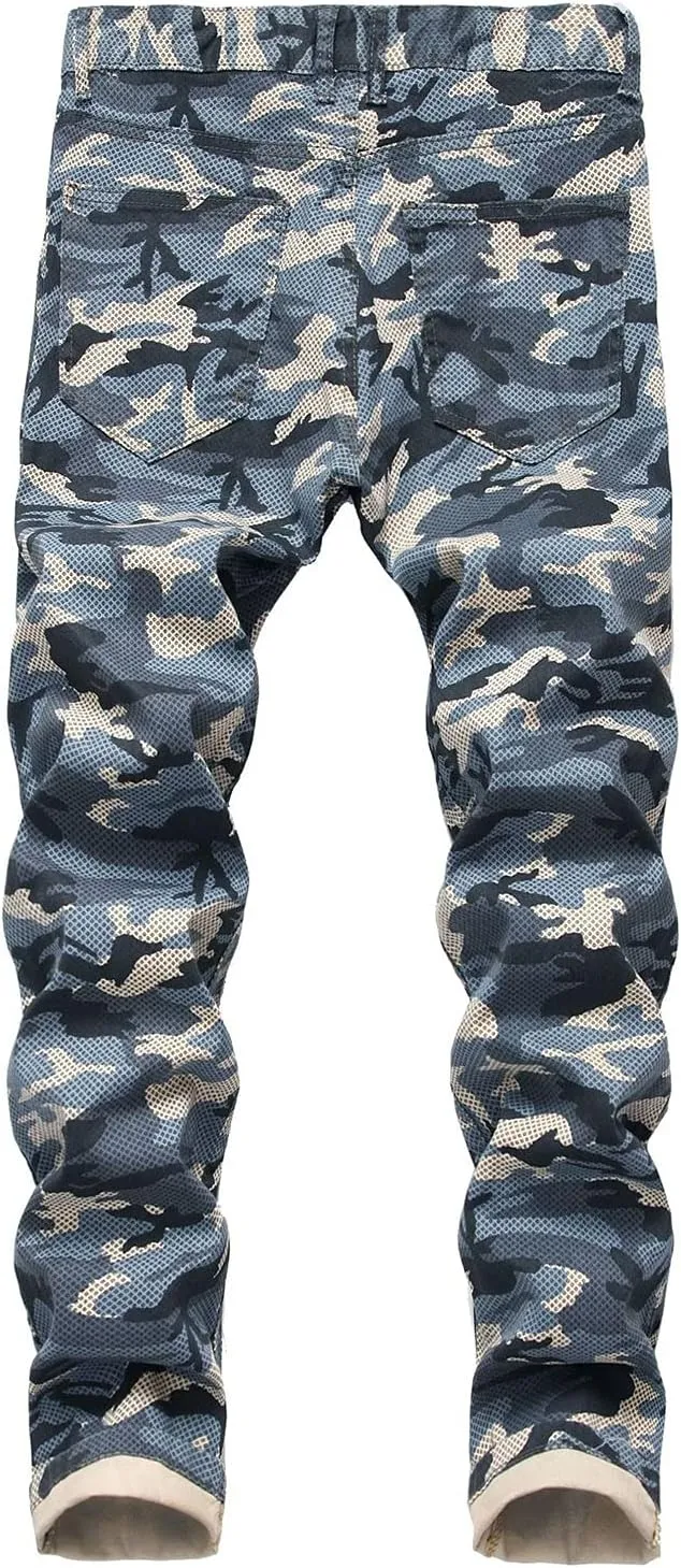 Kaxiya2021 Men's Camo Stretch Pants Military Distressed Straight Moto Jeans Outdoor Apparel Skinny Slim Fit Hiking Pants