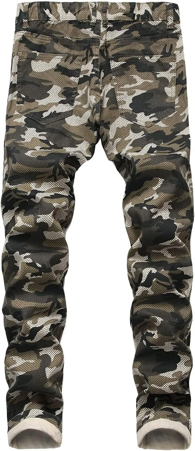 Kaxiya2021 Men's Camo Stretch Pants Military Distressed Straight Moto Jeans Outdoor Apparel Skinny Slim Fit Hiking Pants