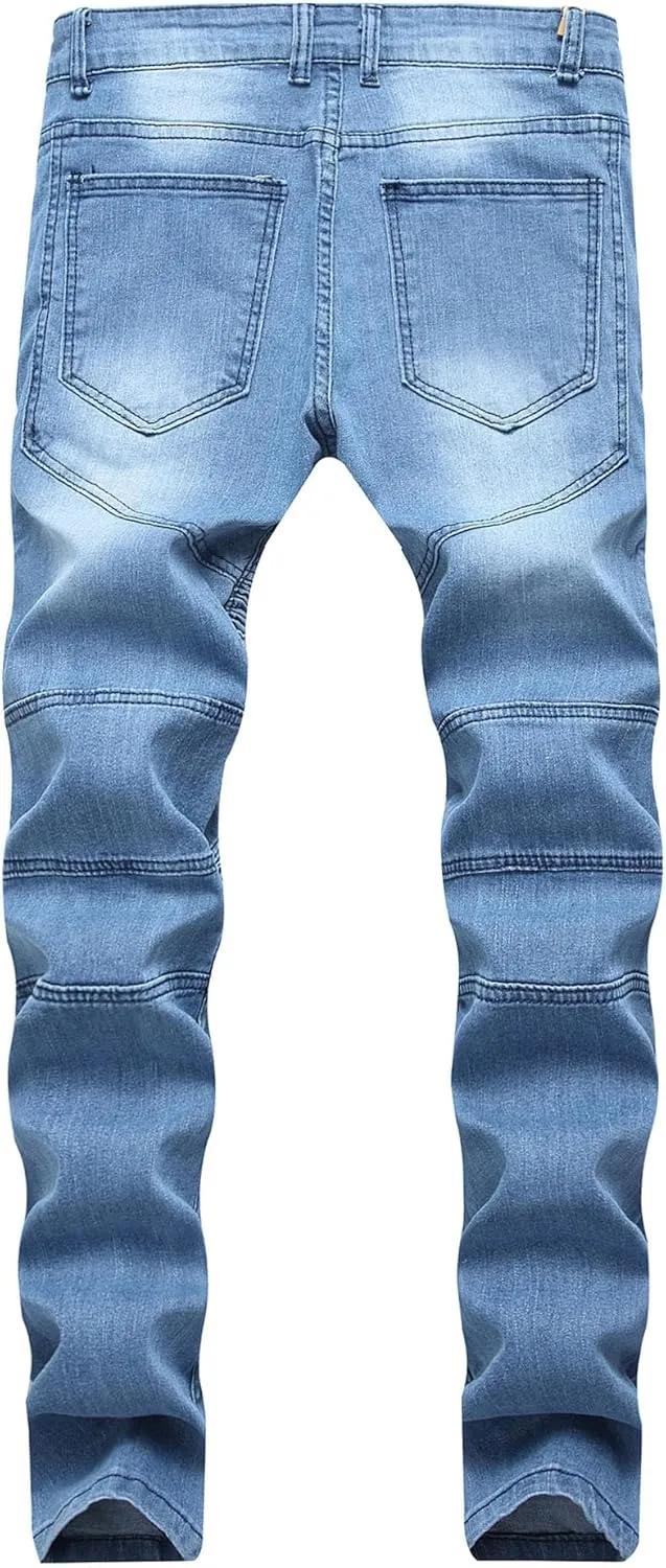 Kaxiya2021 Men's Slim Fit Biker Jeans Skinny Distressed Ripped Casual Denim Pants Zipper Washed Straight Fit Jean Trousers