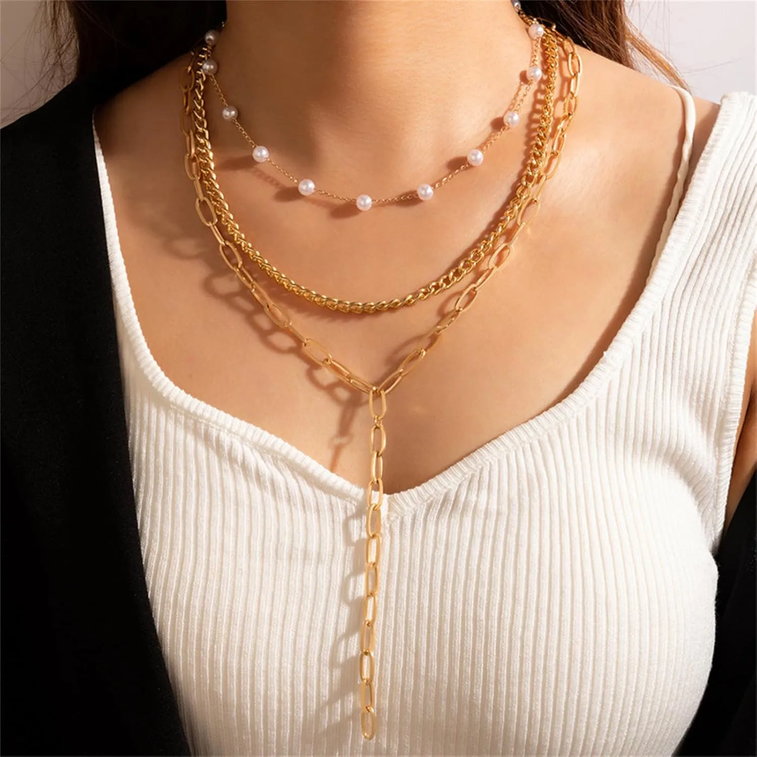 Layered Necklaces Dainty Handmade Coin Necklaces Tube Star Pearl Choker Multilayer Gold Layering Chain Necklaces Long Pearl Necklaces for Women