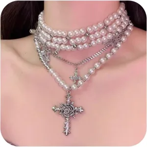 Layered Pearl Necklaces for Women Multi-layered Pearl Cross Necklaces Silver Cross Pendant Necklace Gothic Cross Pearl Stacked Necklace Strand Pearl Necklaces Statement Necklaces Jewelry