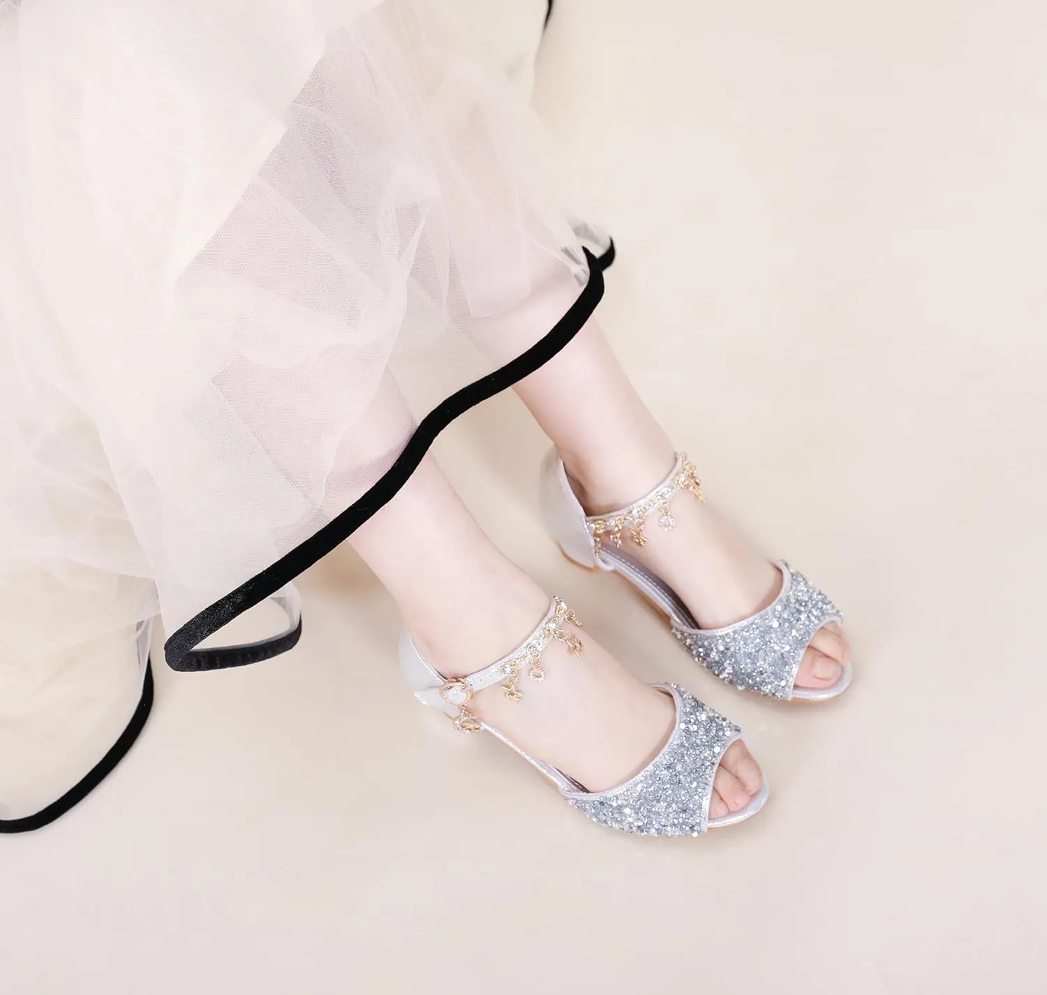LFHT Little Kids Girls Sandals Glitter Rhinestone Dress Pumps Sequins Princess Low Heels Party Dance Shoes