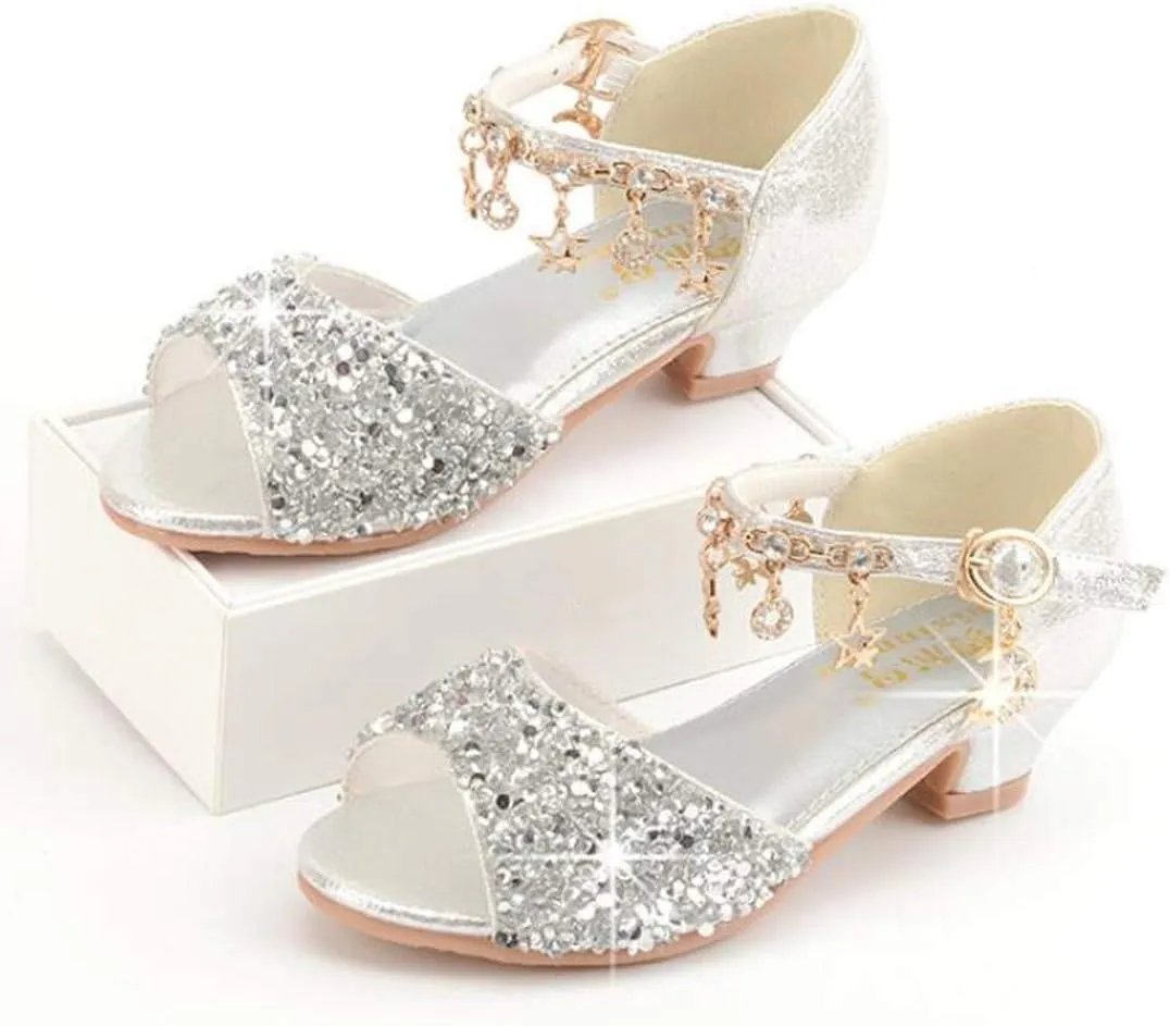 LFHT Little Kids Girls Sandals Glitter Rhinestone Dress Pumps Sequins Princess Low Heels Party Dance Shoes