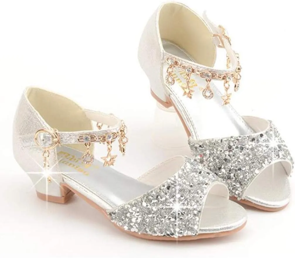 LFHT Little Kids Girls Sandals Glitter Rhinestone Dress Pumps Sequins Princess Low Heels Party Dance Shoes